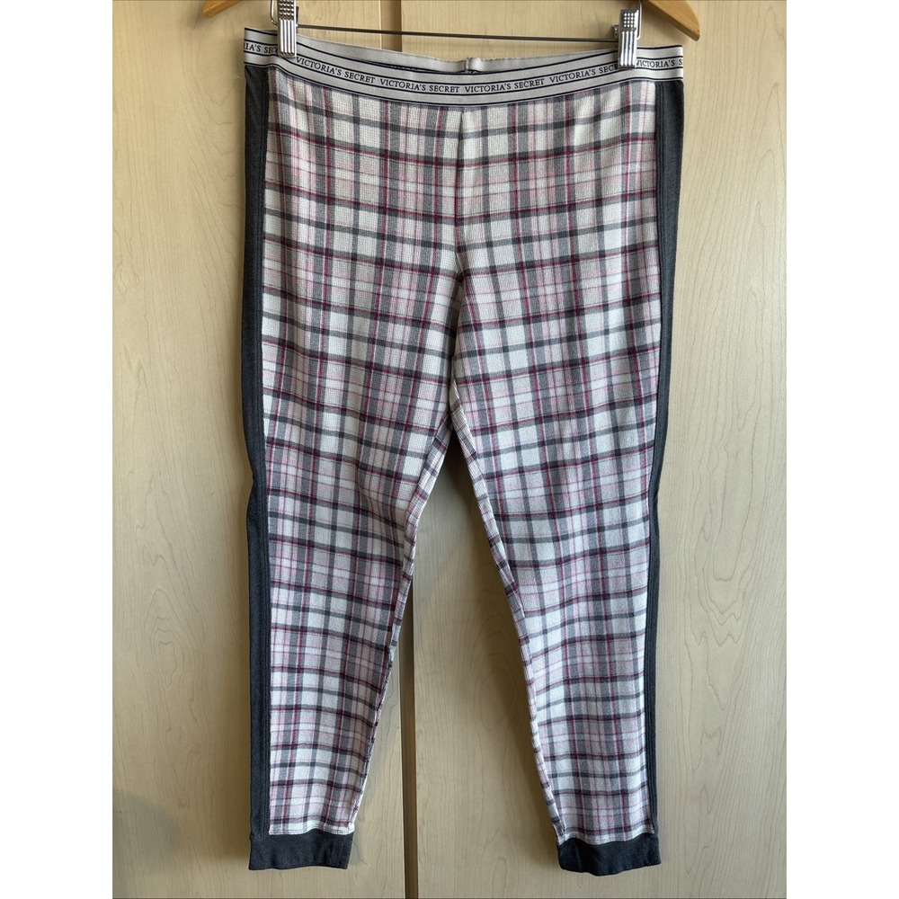 Victoria's Secret Elastic Waist Plaid Gray White Pink Pajama Pants Womens Large